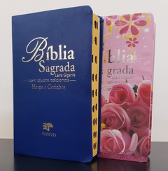 Bíblia do casal letra gigante com harpa capa luxo - azul royal + floral rosas