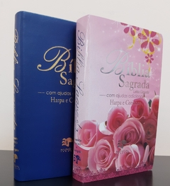 Bíblia do casal letra gigante com harpa capa luxo - azul royal + floral rosas - comprar online