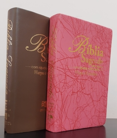 Bíblia do casal letra gigante com harpa luxo caramelo + rosa raiz na internet