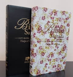 Bíblia do casal letra gigante com harpa luxo preta + floral rosa - comprar online