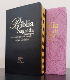 Bíblia do casal letra gigante com harpa luxo preta + rosa raiz