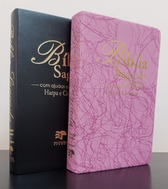 Bíblia do casal letra gigante com harpa luxo preta + rosa raiz - comprar online