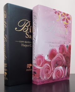 Bíblia do casal letra gigante com harpa capa luxo preta + floral rosas - comprar online