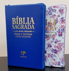 Bíblia do casal letra gigante com harpa capa com ziper - azul royal + floral roxa