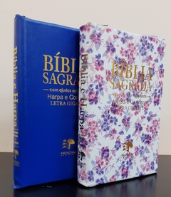 Bíblia do casal letra gigante com harpa capa com ziper - azul royal + floral roxa - comprar online