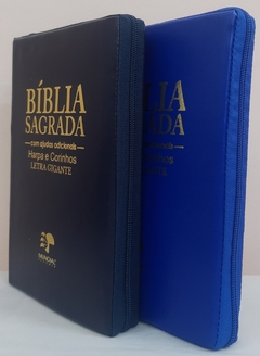 2 biblias com ajudas adicionais e harpa letra gigante - capa com ziper azul marinho + azul royal