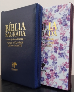 2 biblias com ajudas adicionais e harpa letra gigante - capa com ziper azul marinho + floral roxa
