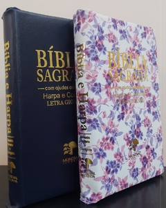 2 biblias com ajudas adicionais e harpa letra gigante - capa com ziper azul marinho + floral roxa - comprar online