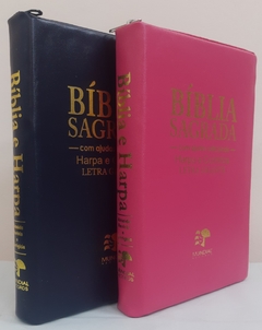 Bíblia do casal letra gigante com harpa capa com ziper - azul marinho + pink lisa na internet
