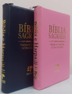2 biblias com ajudas adicionais e harpa letra gigante - capa com ziper azul marinho + rosa lisa - comprar online