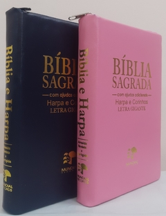 Bíblia do casal letra gigante com harpa capa com ziper - azul marinho + rosa lisa na internet