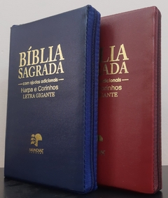 2 biblias com ajudas adicionais e harpa letra gigante - capa com ziper azul marinho + vinho