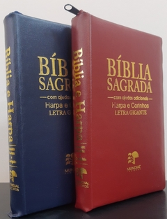 2 biblias com ajudas adicionais e harpa letra gigante - capa com ziper azul marinho + vinho - comprar online