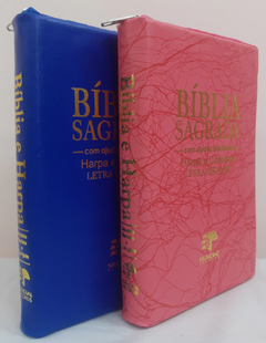 2 biblias com ajudas adicionais e harpa letra gigante - capa com ziper azul royal + pink raiz - comprar online