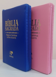 Bíblia do casal letra gigante com harpa capa com ziper - azul royal + rosa lisa - comprar online