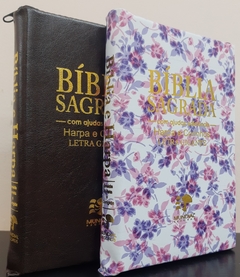 Bíblia do casal letra gigante com harpa - capa com ziper café + floral roxa - comprar online