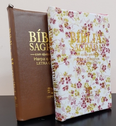 Bíblia do casal letra gigante com harpa capa com ziper - caramelo + floral rosa na internet