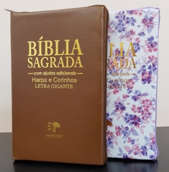 Bíblia do casal letra gigante com harpa capa com ziper - caramelo + floral roxa - comprar online