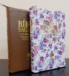 Bíblia do casal letra gigante com harpa capa com ziper - caramelo + floral roxa na internet