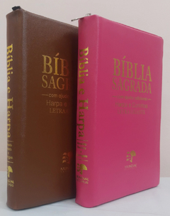 2 biblias com ajudas adicionais e harpa letra gigante - capa com ziper caramelo + pink lisa - comprar online