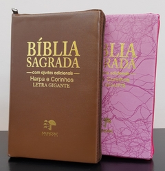 Bíblia do casal letra gigante com harpa capa com ziper - caramelo + rosa raiz