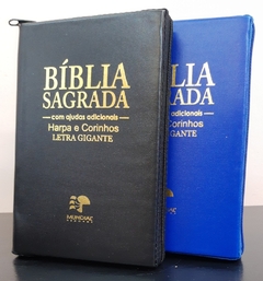 2 biblias com ajudas adicionais e harpa letra gigante - capa com ziper preta + azul royal