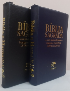Bíblia do casal letra gigante com harpa capa com ziper - preta + azul marinho - comprar online