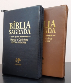 Bíblia do casal letra gigante com harpa capa com ziper - preta + caramelo