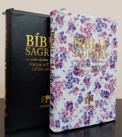 Bíblia do casal letra gigante com harpa - capa com ziper preta + floral roxa - comprar online