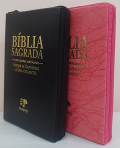 Bíblia do casal letra gigante com harpa capa com ziper - preta + pink raiz - comprar online