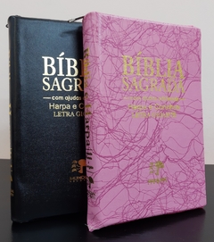 Bíblia do casal letra gigante com harpa - capa com ziper preta + rosa raiz - comprar online