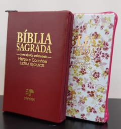 Bíblia do casal letra gigante com harpa capa com ziper - vinho + floral rosa - comprar online
