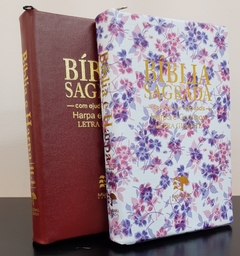 Bíblia do casal letra gigante com harpa - capa com ziper vinho + floral roxa - comprar online