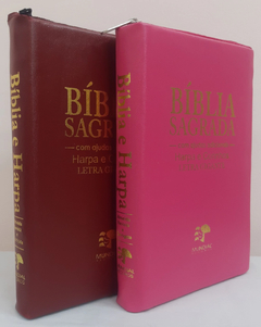 2 biblias com ajudas adicionais e harpa letra gigante - capa com ziper vinho + pink lisa - comprar online