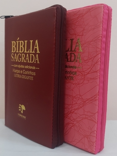 Bíblia do casal letra gigante com harpa capa com ziper - vinho + pink raiz - comprar online