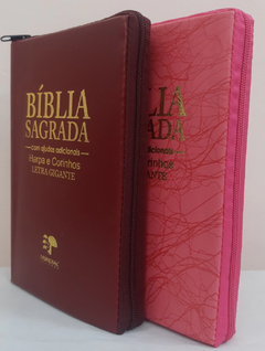 2 biblias com ajudas adicionais e harpa letra gigante - capa com ziper vinho + pink raiz