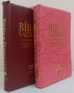 2 biblias com ajudas adicionais e harpa letra gigante - capa com ziper vinho + pink raiz - comprar online