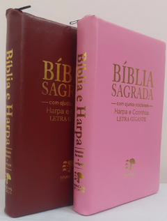 2 biblias com ajudas adicionais e harpa letra gigante - capa com ziper vinho + rosa lisa - comprar online