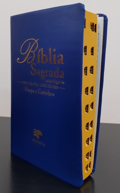 Bíblia sagrada com ajudas adicionais e harpa letra gigante - capa luxo azul royal