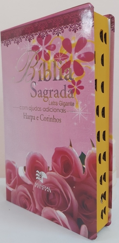 Bíblia letra gigante com harpa - capa luxo floral rosas