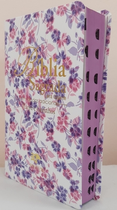 Bíblia sagrada com ajudas adicionais e harpa letra gigante - capa luxo floral roxa