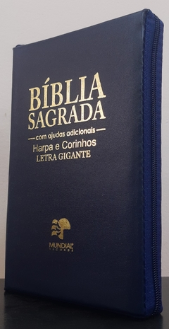 Bíblia sagrada com ajudas adicionais e harpa letra gigante - capa com ziper azul marinho