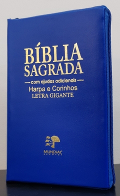 Bíblia sagrada com ajudas adicionais e harpa letra gigante - capa com ziper azul royal