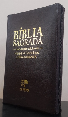 Bíblia letra gigante com harpa - capa com ziper café