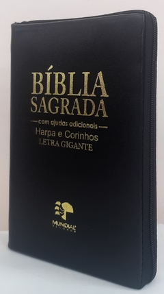 Bíblia sagrada letra gigante com harpa - capa com ziper preta