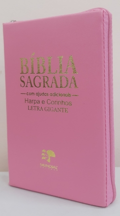 Bíblia sagrada letra gigante com harpa - capa com ziper rosa lisa