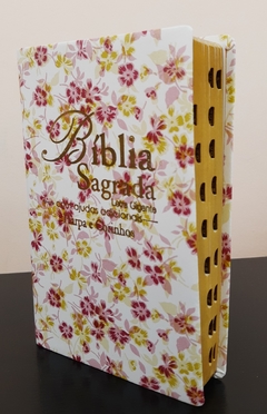 Bíblia letra gigante com harpa - capa luxo floral rosa