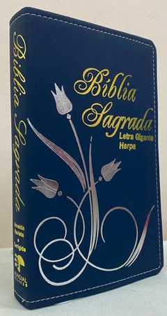 Bíblia letra gigante com harpa - capa luxo elegance flor azul marinho na internet