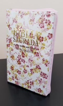 Bíblia letra gigante - capa com zíper floral rosa