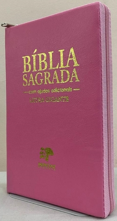 Bíblia sagrada com ajudas adicionais letra gigante - capa com ziper rosa lisa